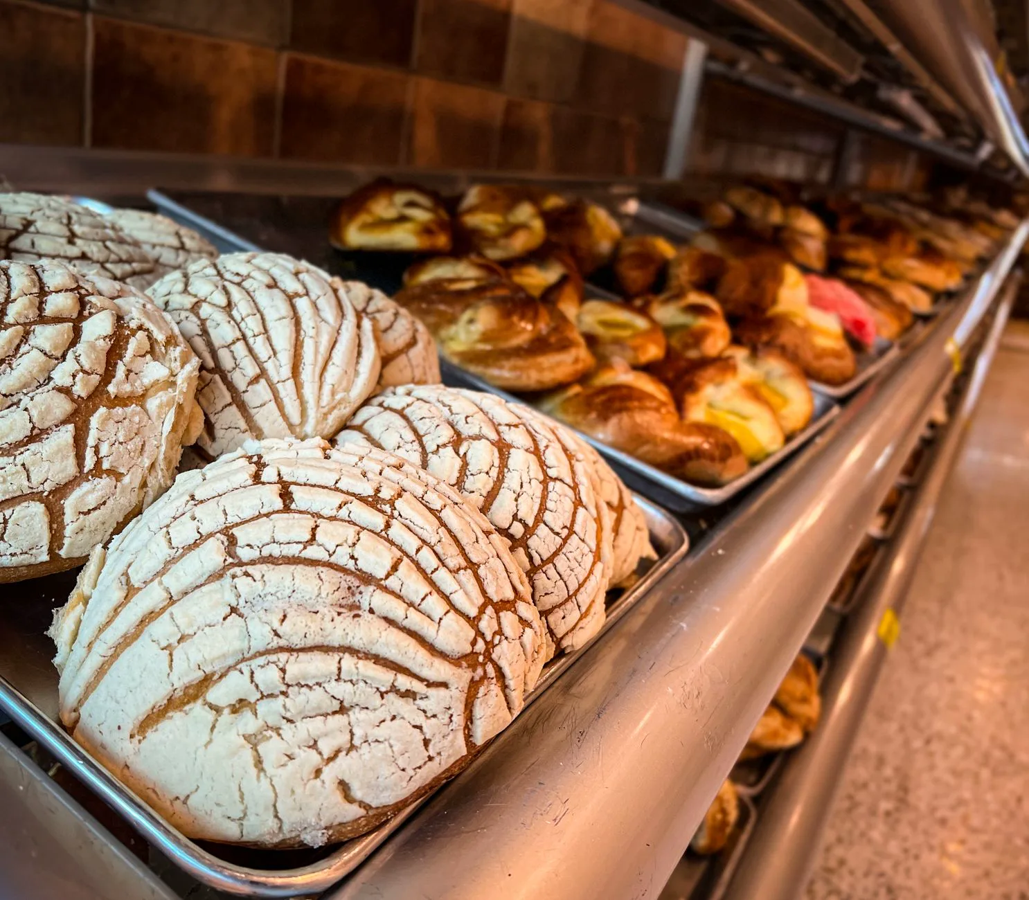 Representative assortment of Mexican breads in a bakery display