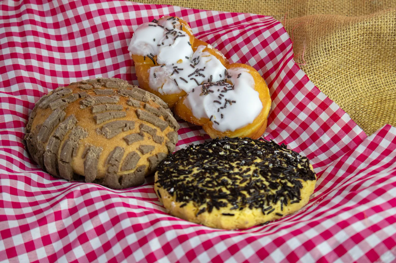 Representative assorted Mexican sweet breads on a red checkered cloth